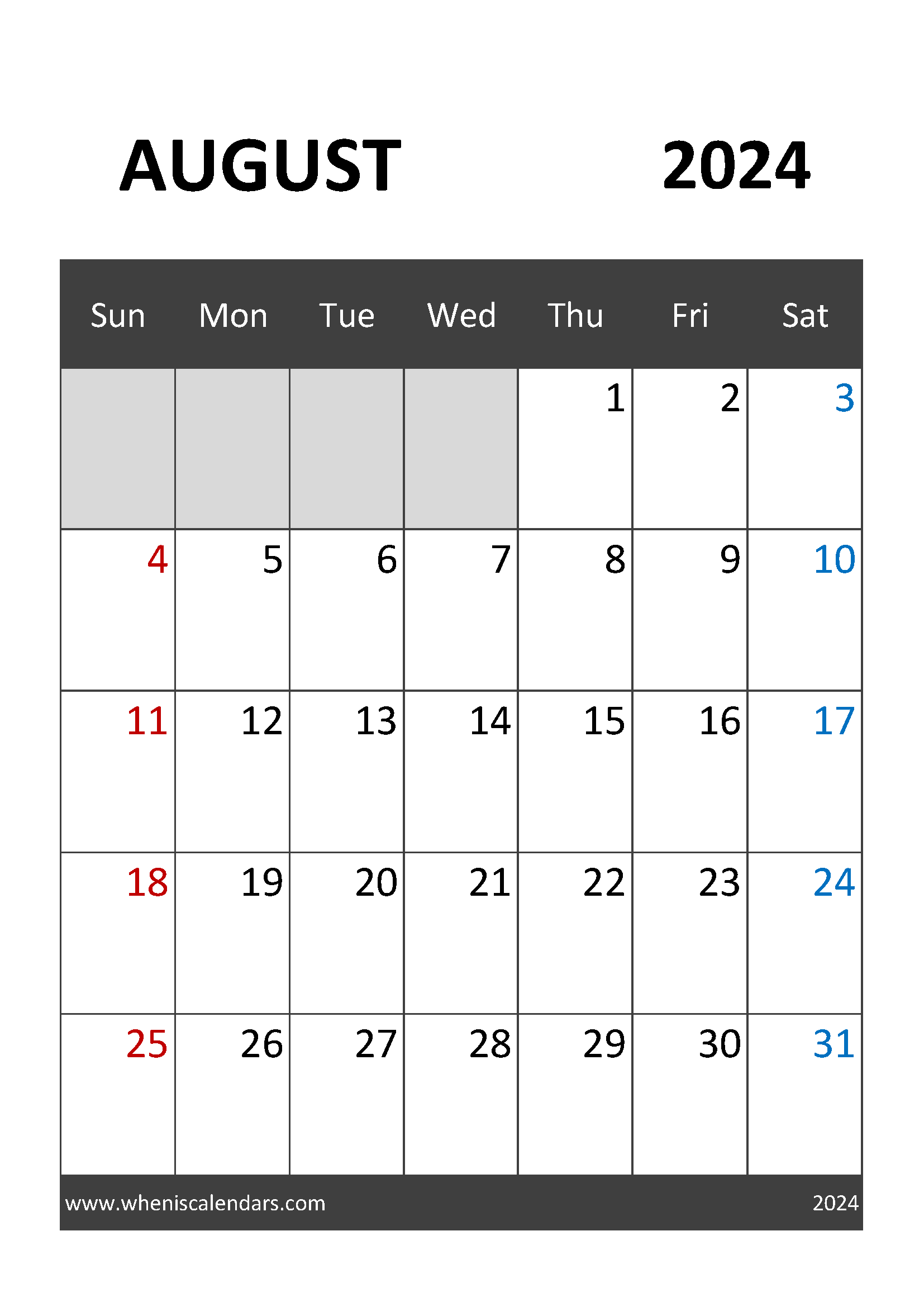 August 2024 Calendar word Printable Monthly Calendar