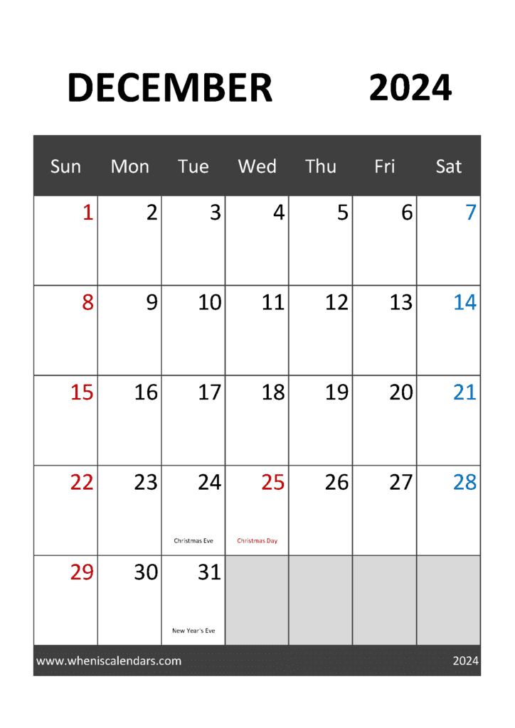 2024 December Calendar with Holidays Monthly Calendar