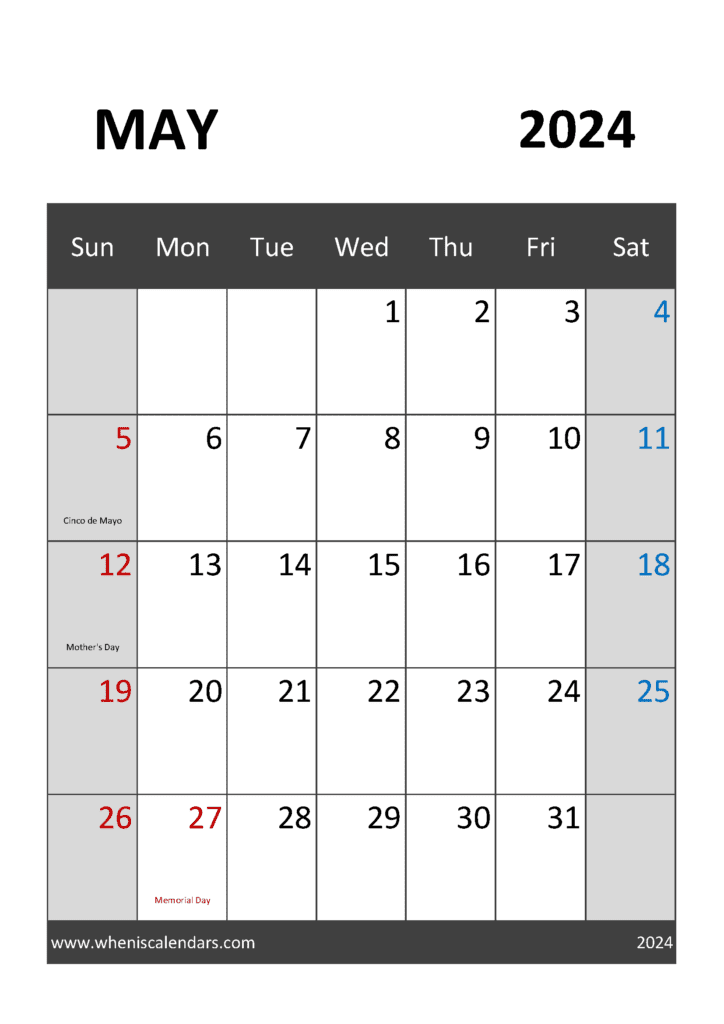 May 2024 Calendar Blank printable M54314