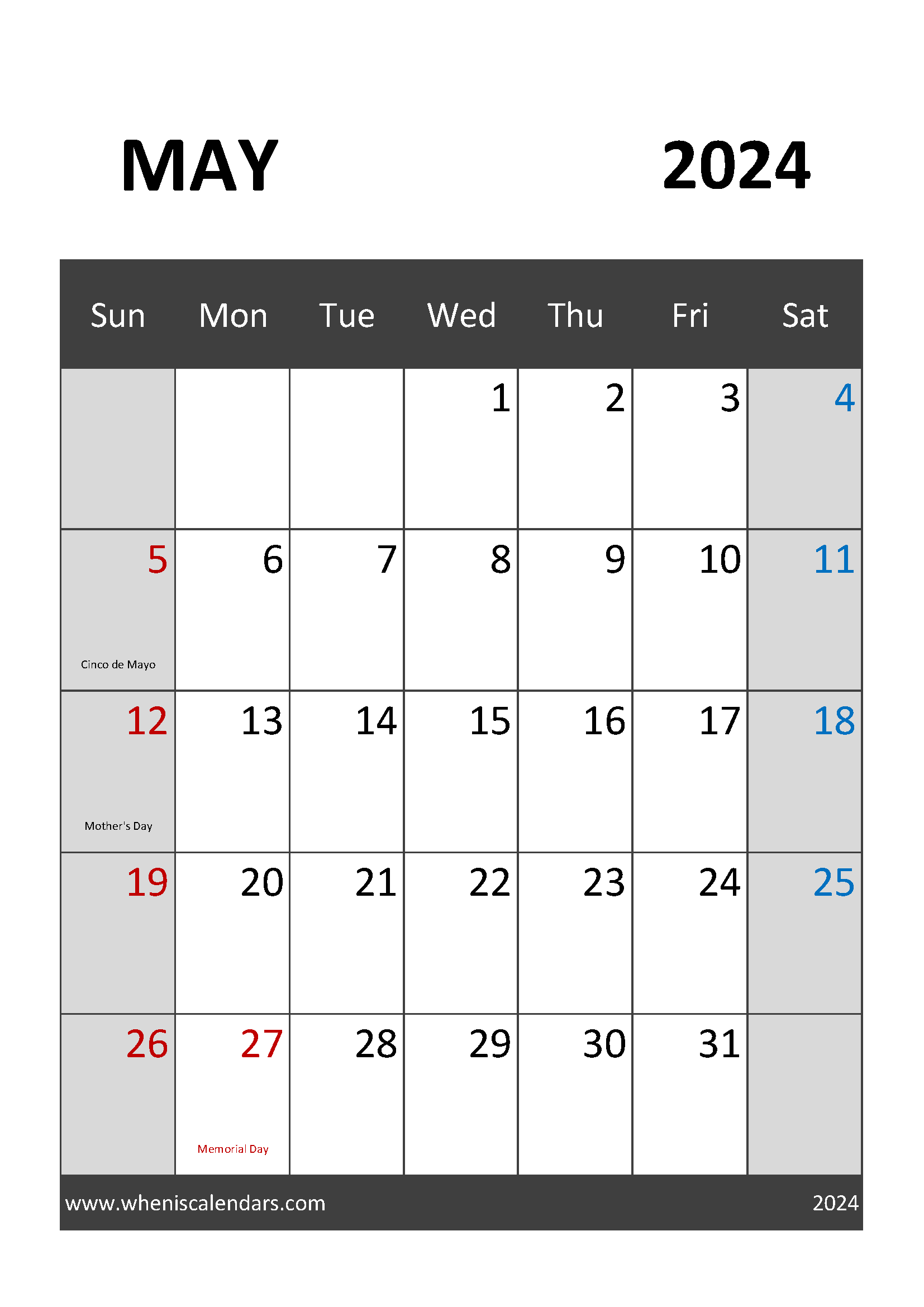 May 2024 Calendar Blank Printable Monthly Calendar