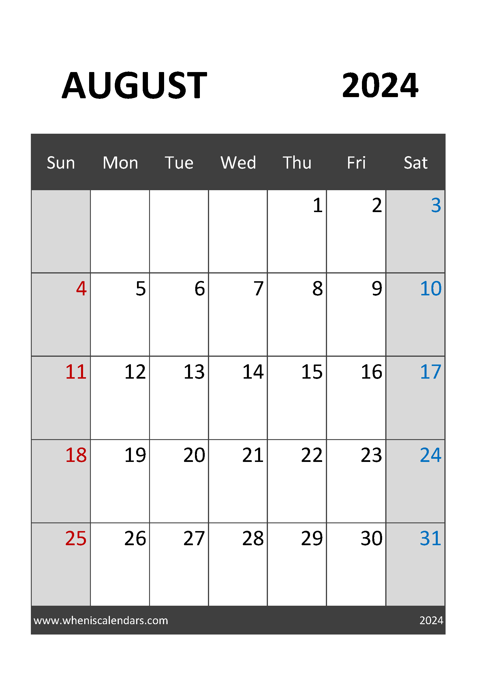 August 2024 Calendar Blank Printable Monthly Calendar