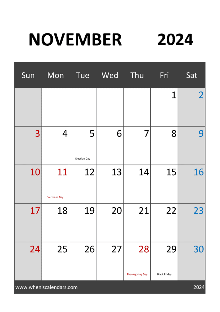 Printable November 2024 Calendar page Monthly Calendar