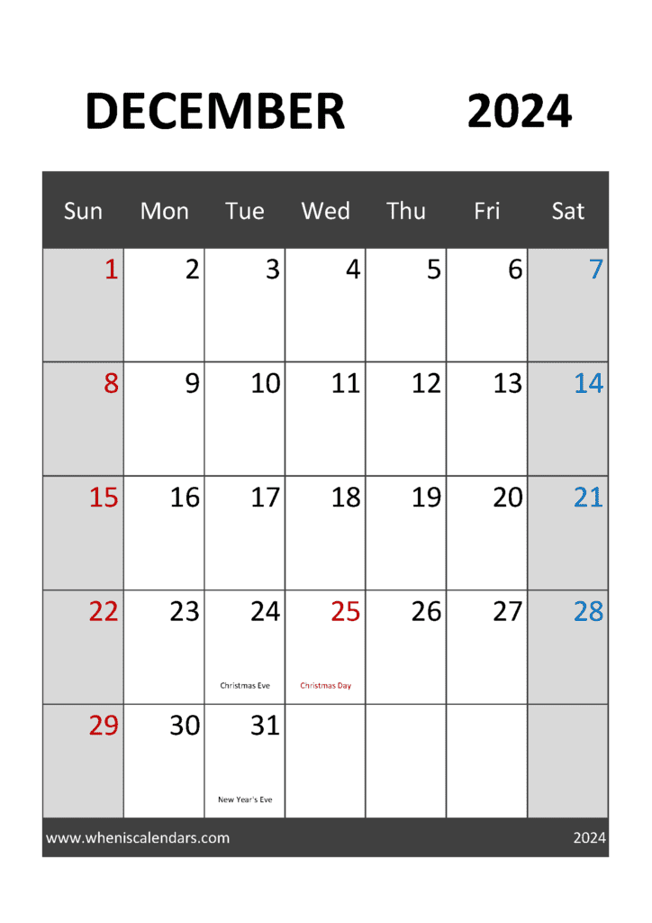 Printable December 2024 Calendar page Monthly Calendar