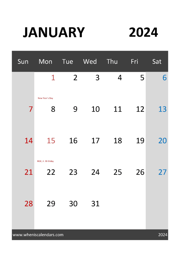 editable January 2024 Calendar Monthly Calendar