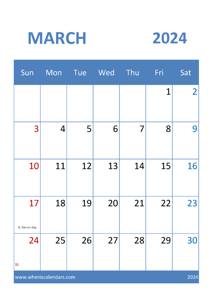 Download March 2024 Calendar Printables A4 Vertical M34316