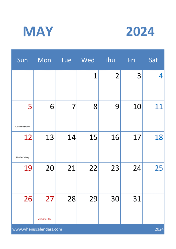Calendar for May 2024 printable M54036