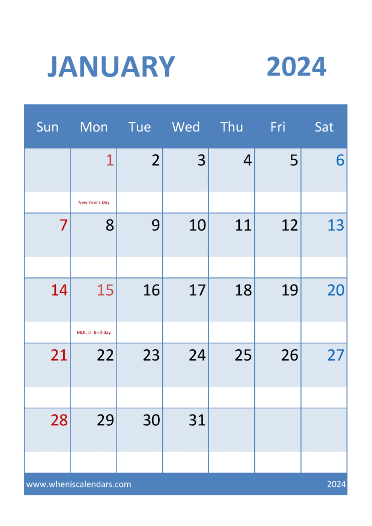 Download Blank Calendar Template for January 2024 A4 Vertical J4317