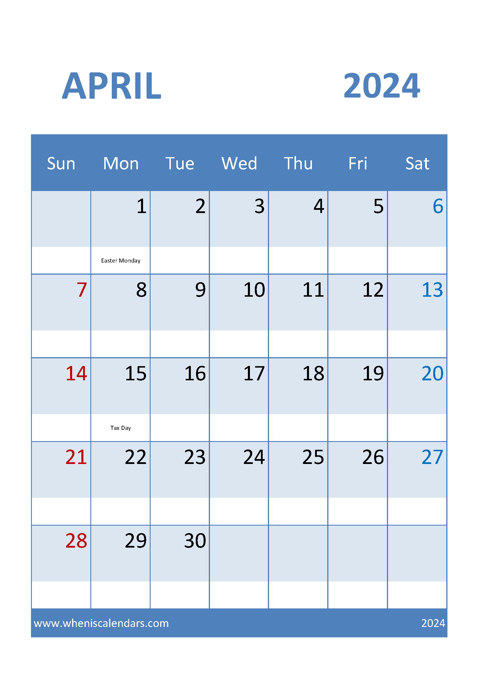 Blank Calendar Template for April 2024 Monthly Calendar