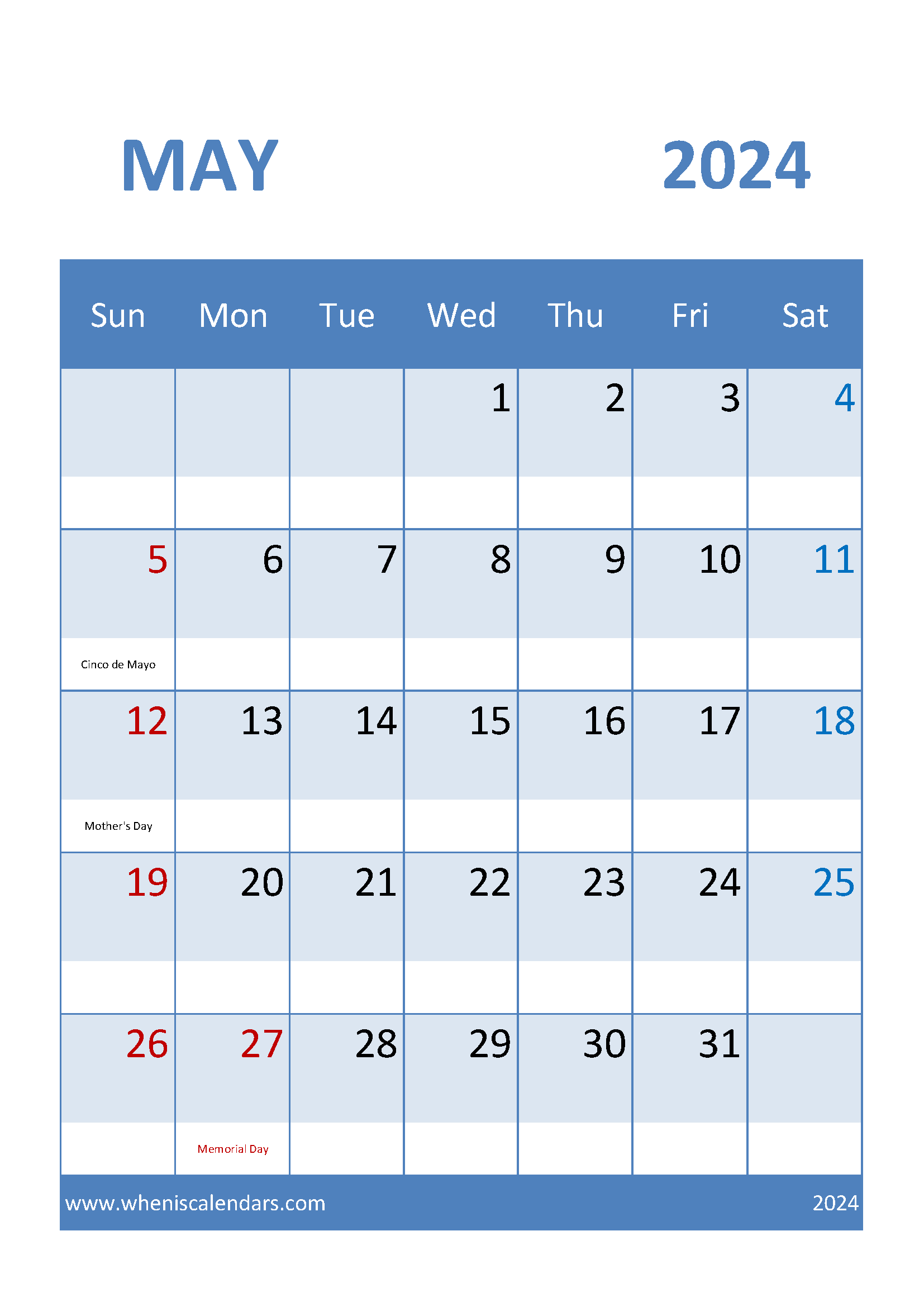 Blank Calendar Template for May 2024 Monthly Calendar