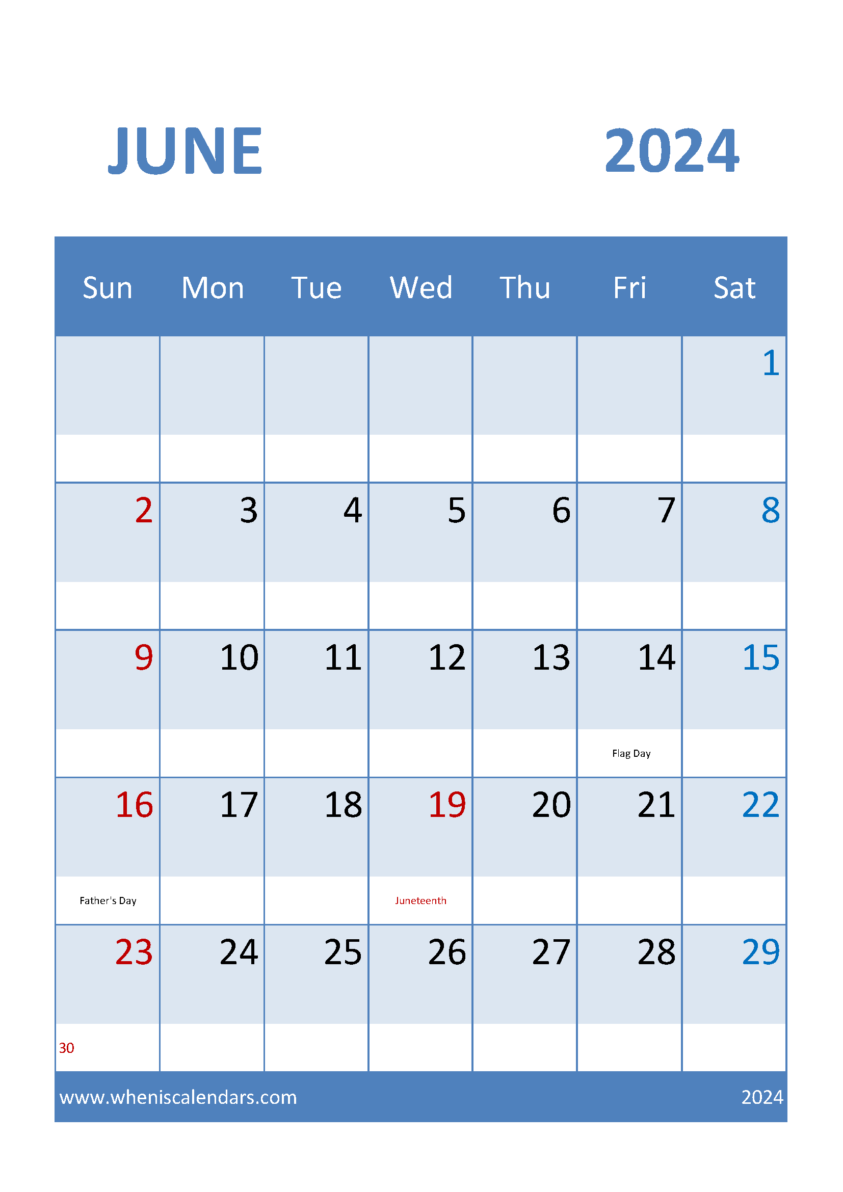 Blank Calendar Template for June 2024 Monthly Calendar