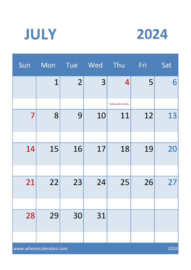 Download Blank Calendar Template for July 2024 A4 Vertical J74317