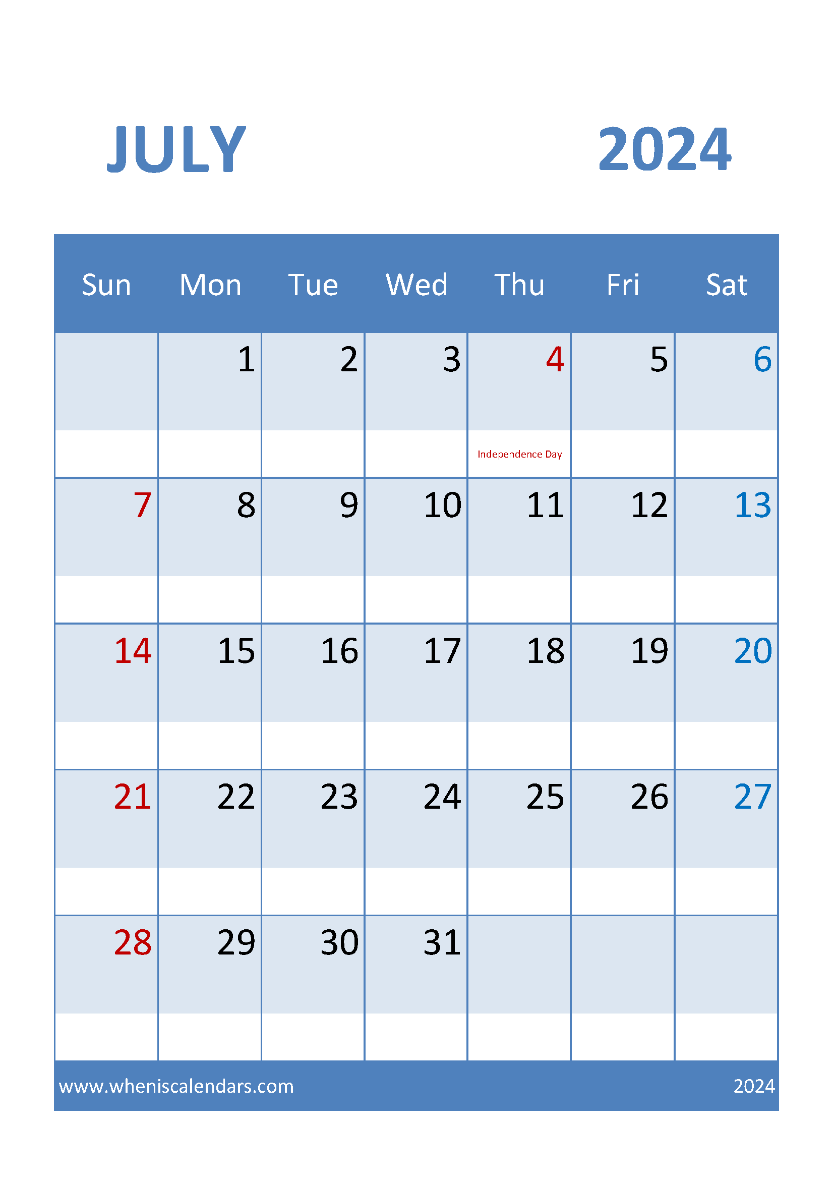 Blank Calendar Template for July 2024 Monthly Calendar