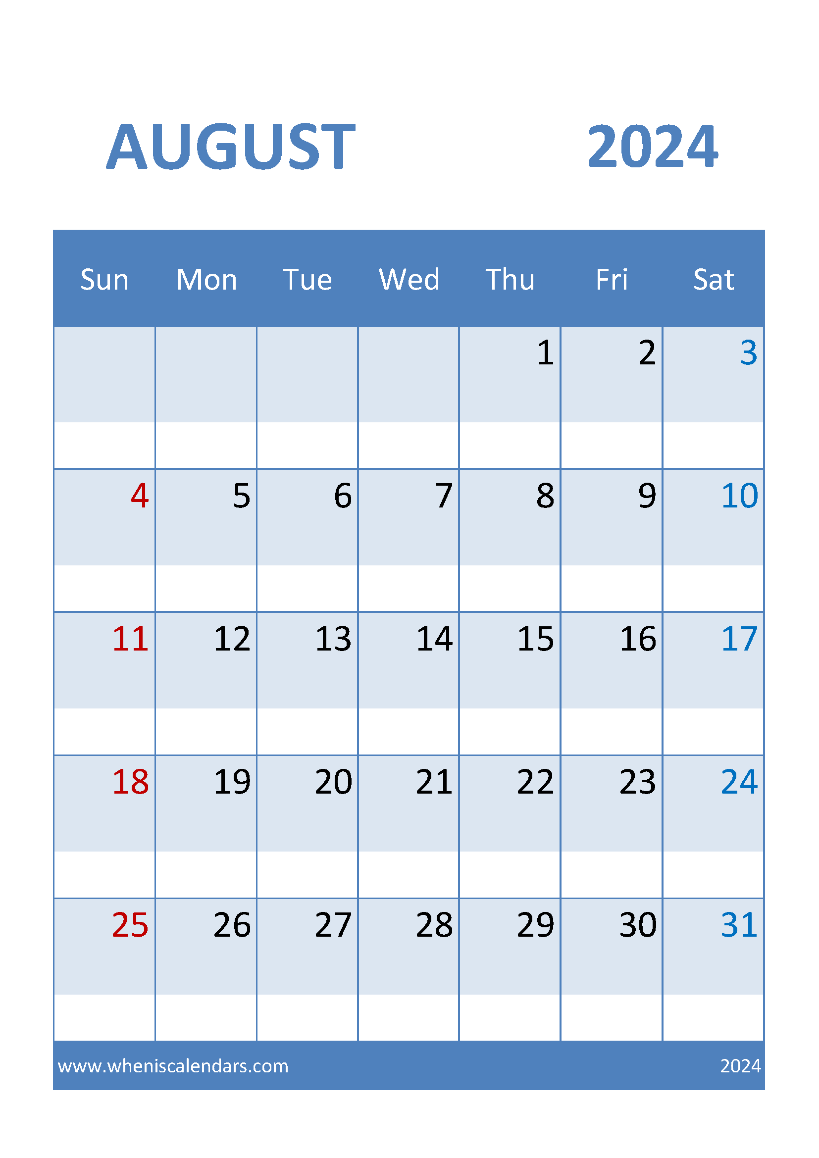 Blank Calendar Template for August 2024 Monthly Calendar