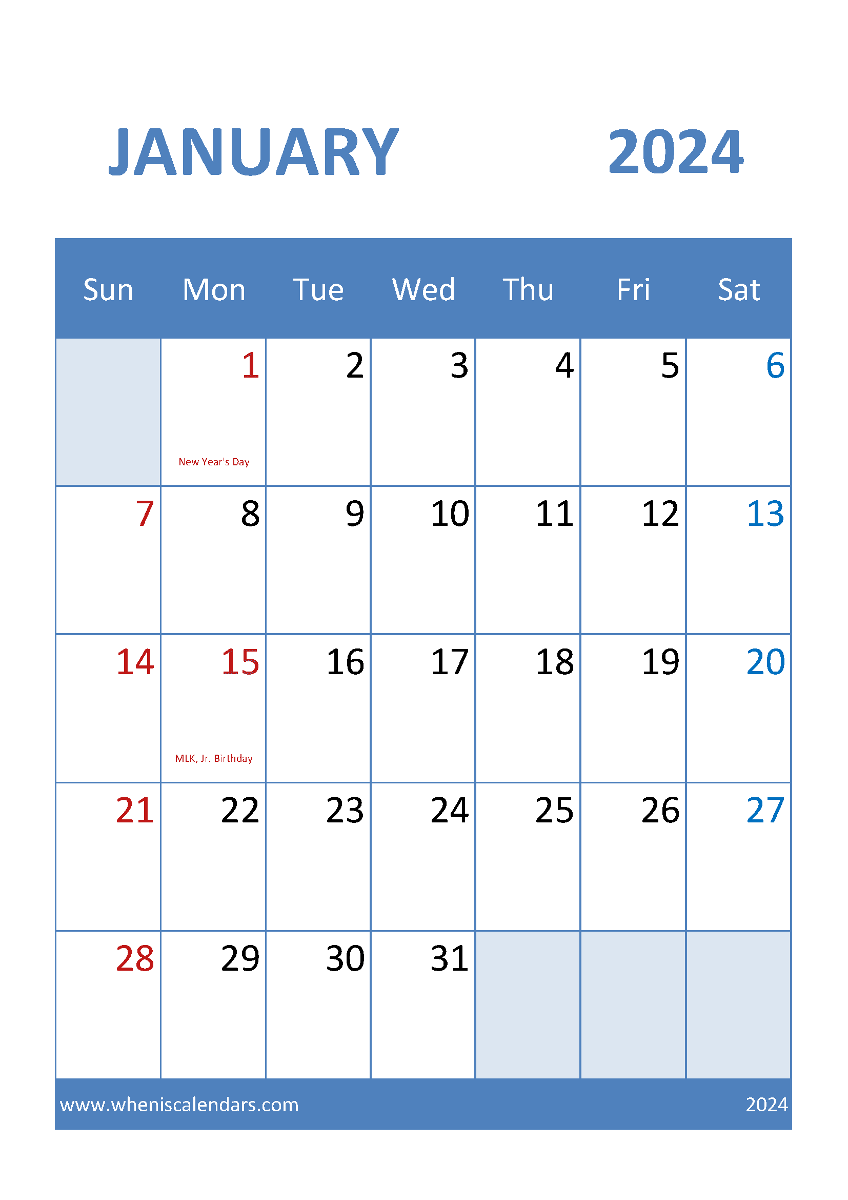 Calendar month January 2024 Printable Monthly Calendar