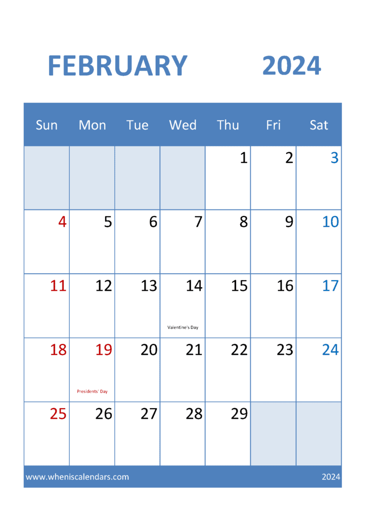 Calendar month February 2024 Printable Monthly Calendar
