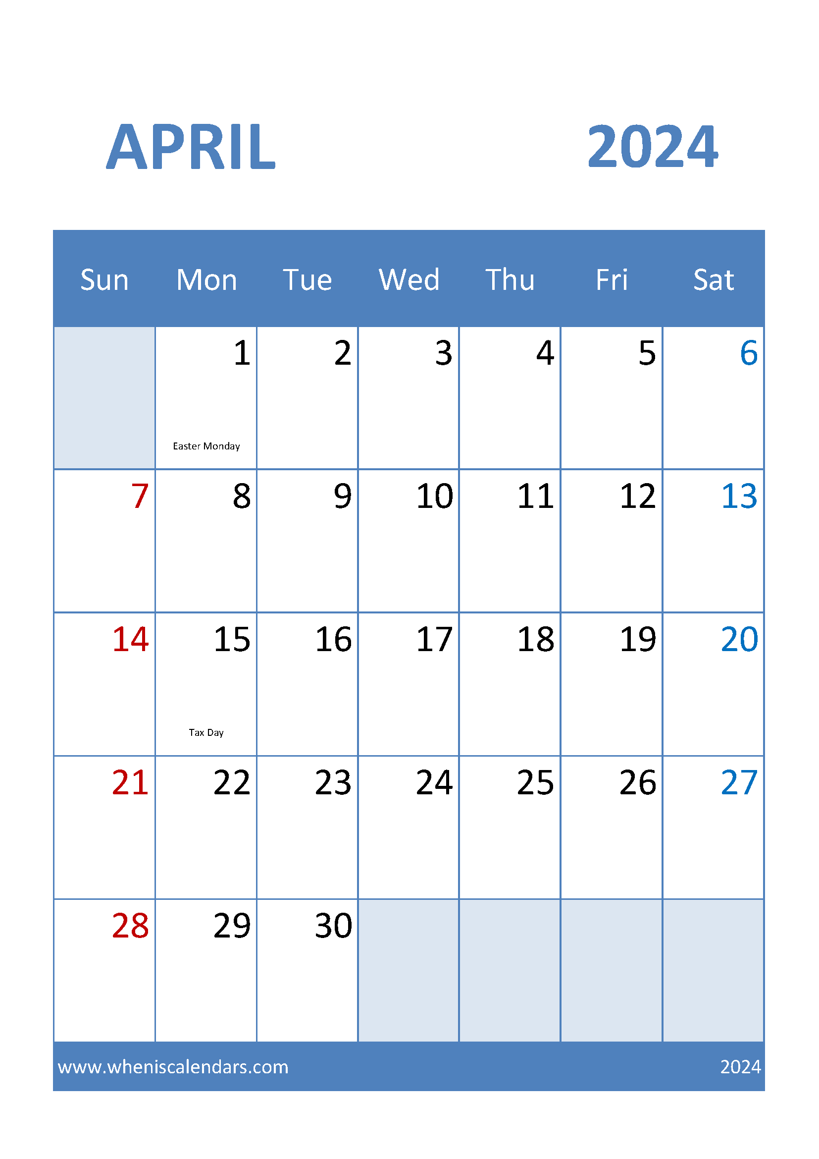 Calendar month April 2024 Printable Monthly Calendar