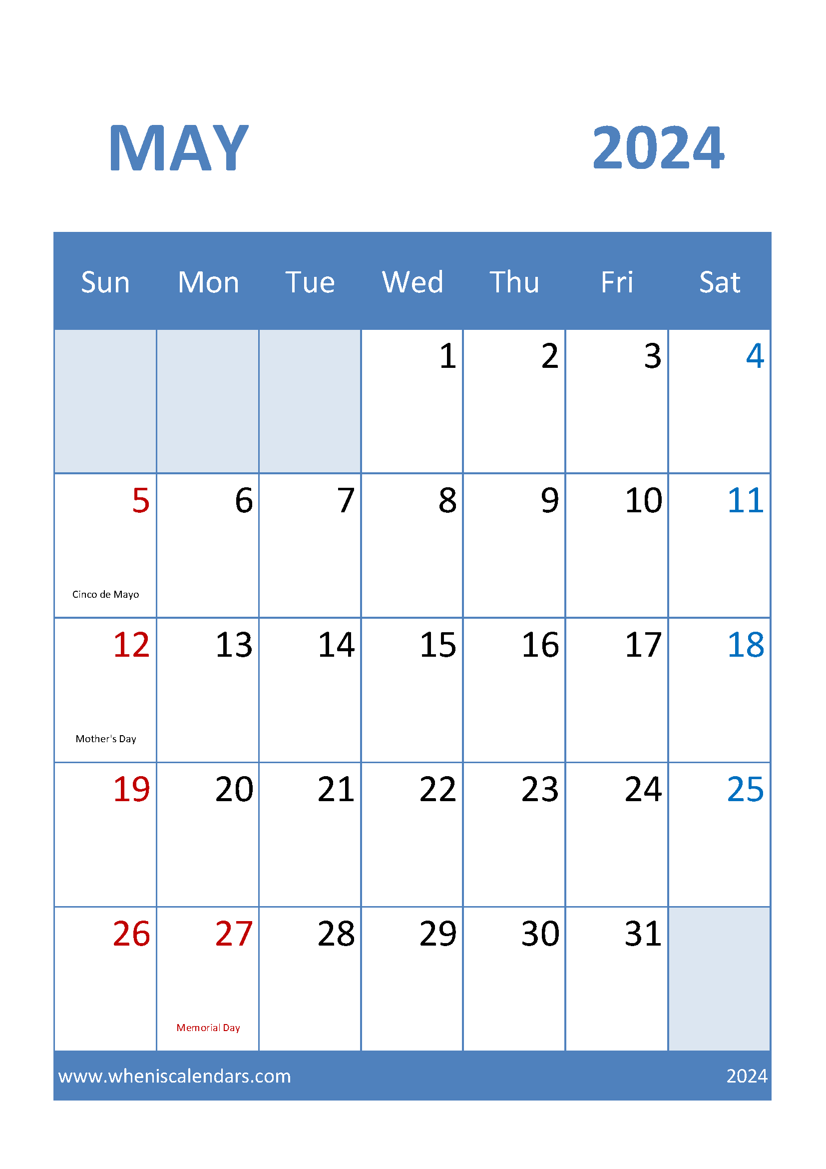 Calendar month May 2024 Printable Monthly Calendar