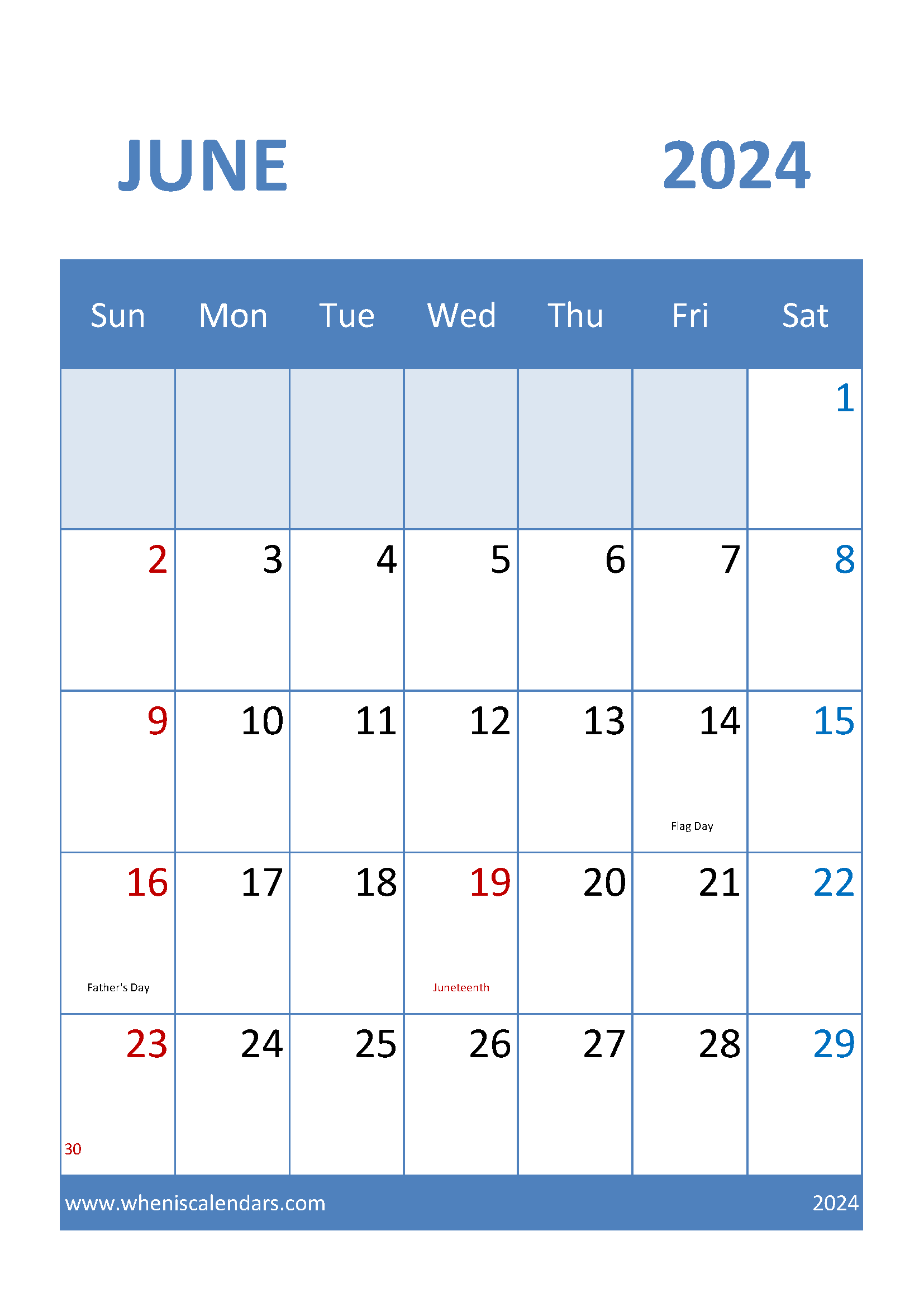 Calendar month June 2024 Printable Monthly Calendar