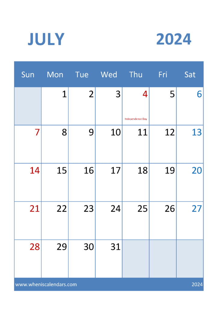 Download Calendar month July 2024 Printable A4 Vertical J74318