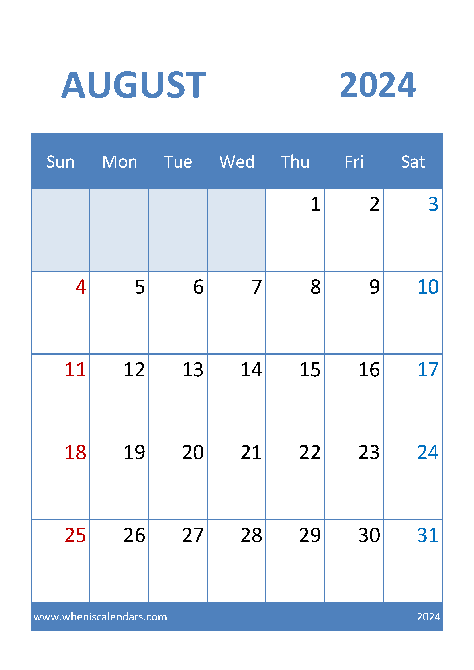 Calendar month August 2024 Printable Monthly Calendar