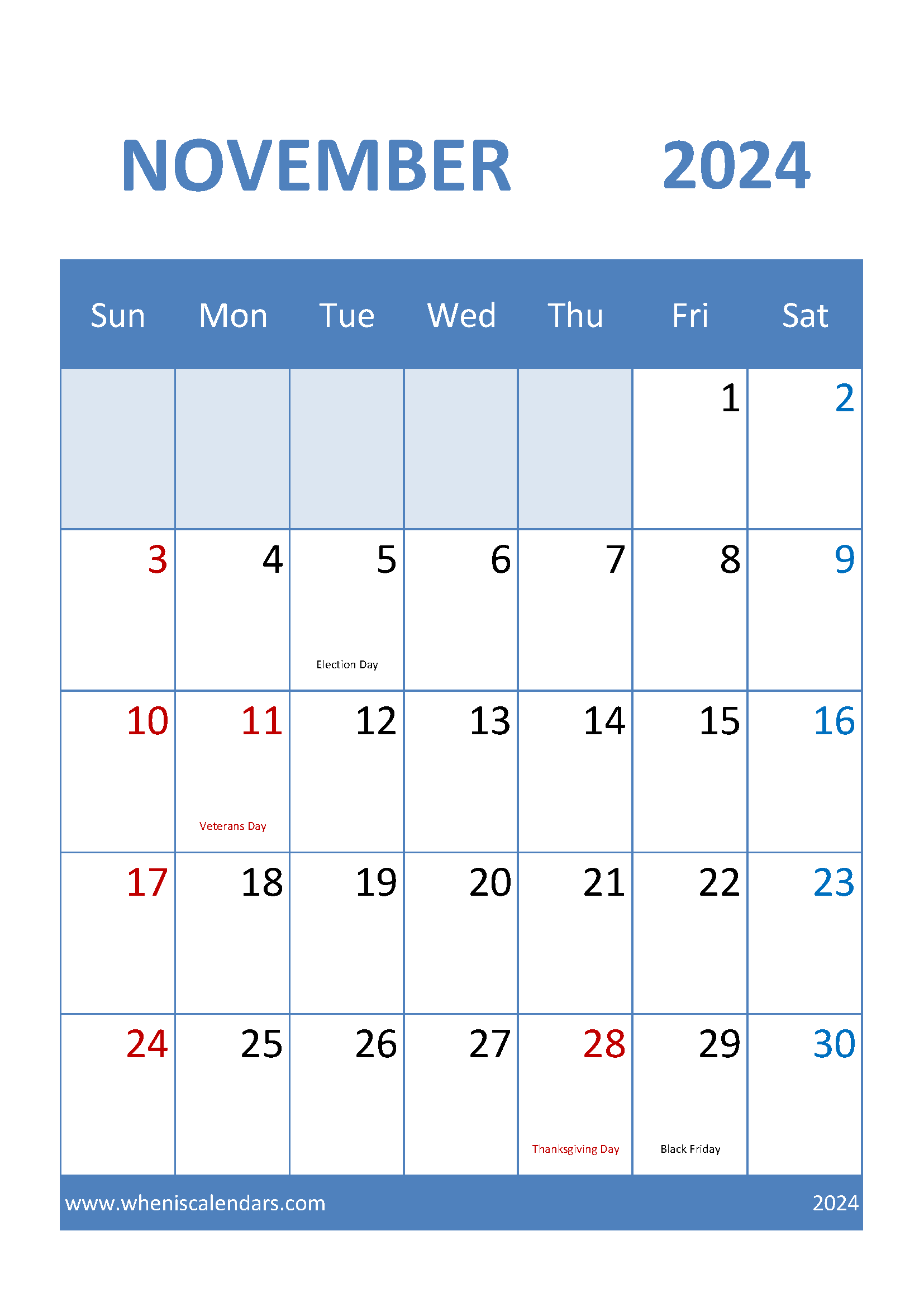 Calendar month November 2024 Printable Monthly Calendar