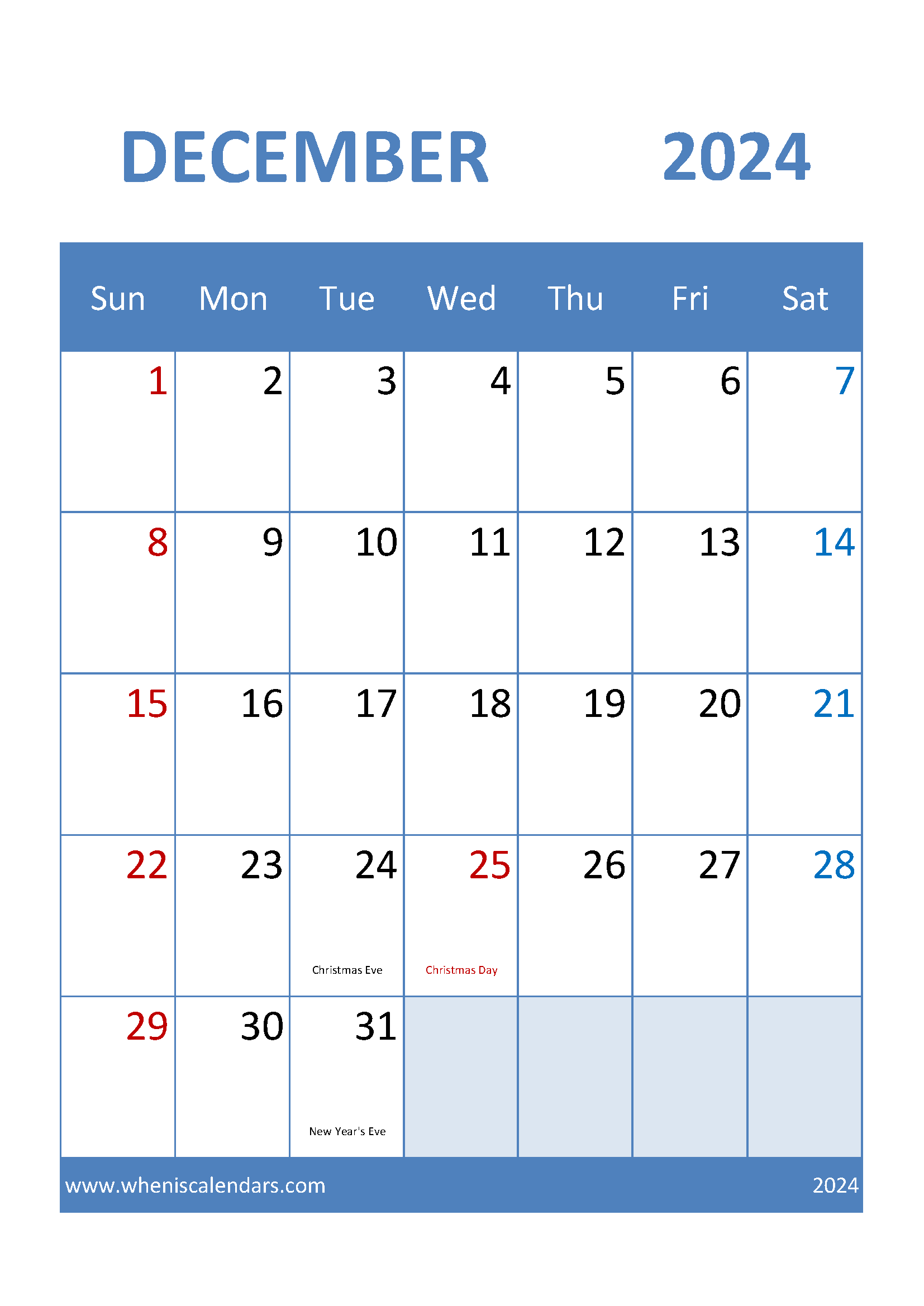 Calendar month December 2024 Printable Monthly Calendar