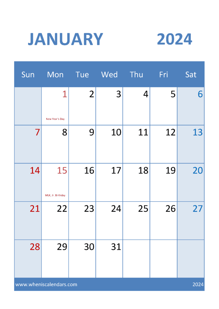 January 2024 Printable Monthly Calendar