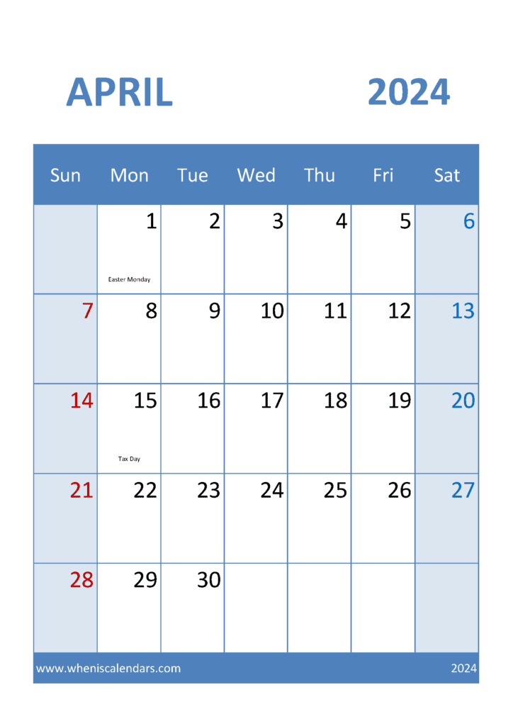 Free Printable April 2024 Calendar A44319