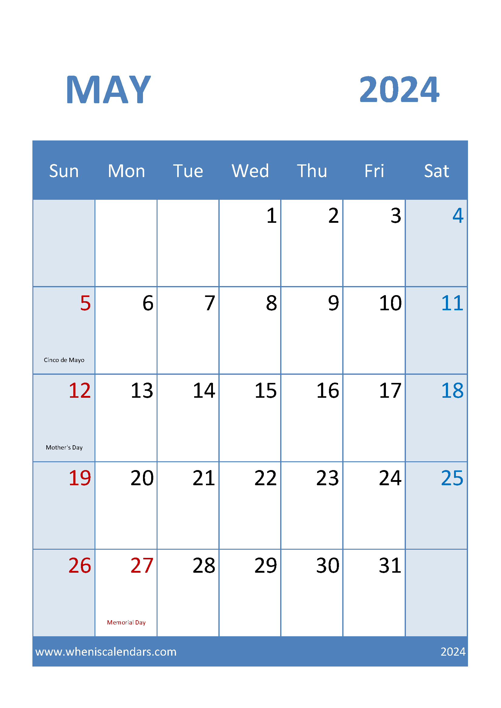 Free Printable May 2024 Calendar Monthly Calendar