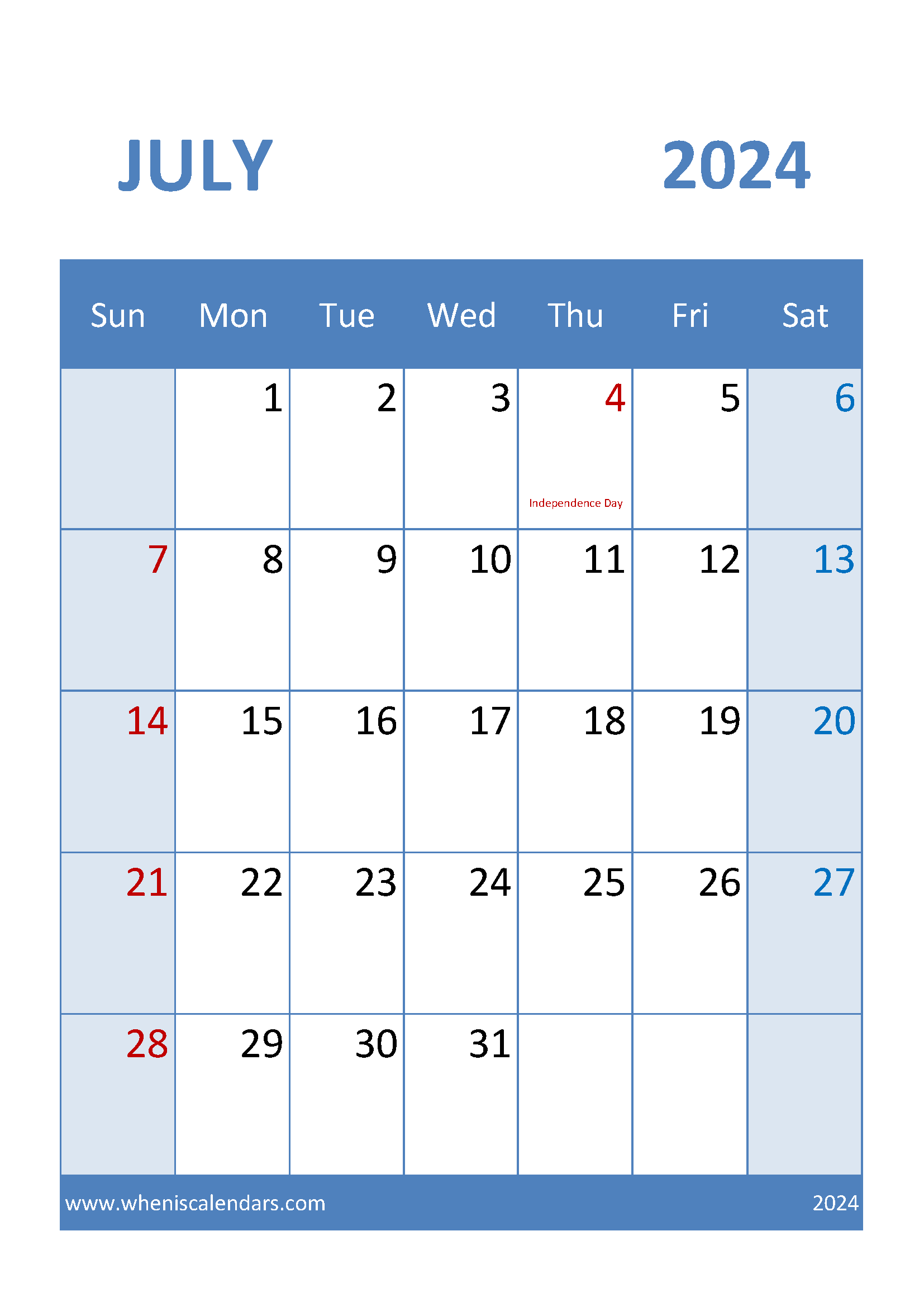 Free Printable July 2024 Calendar Monthly Calendar