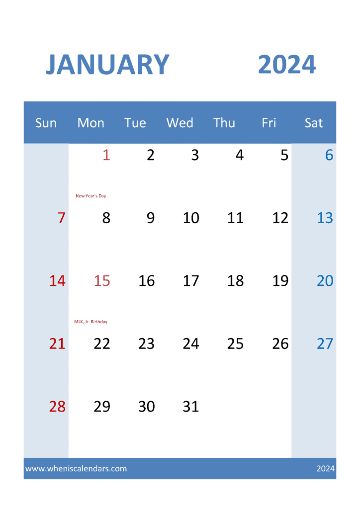 January 2024 Calendar Template excel Monthly Calendar