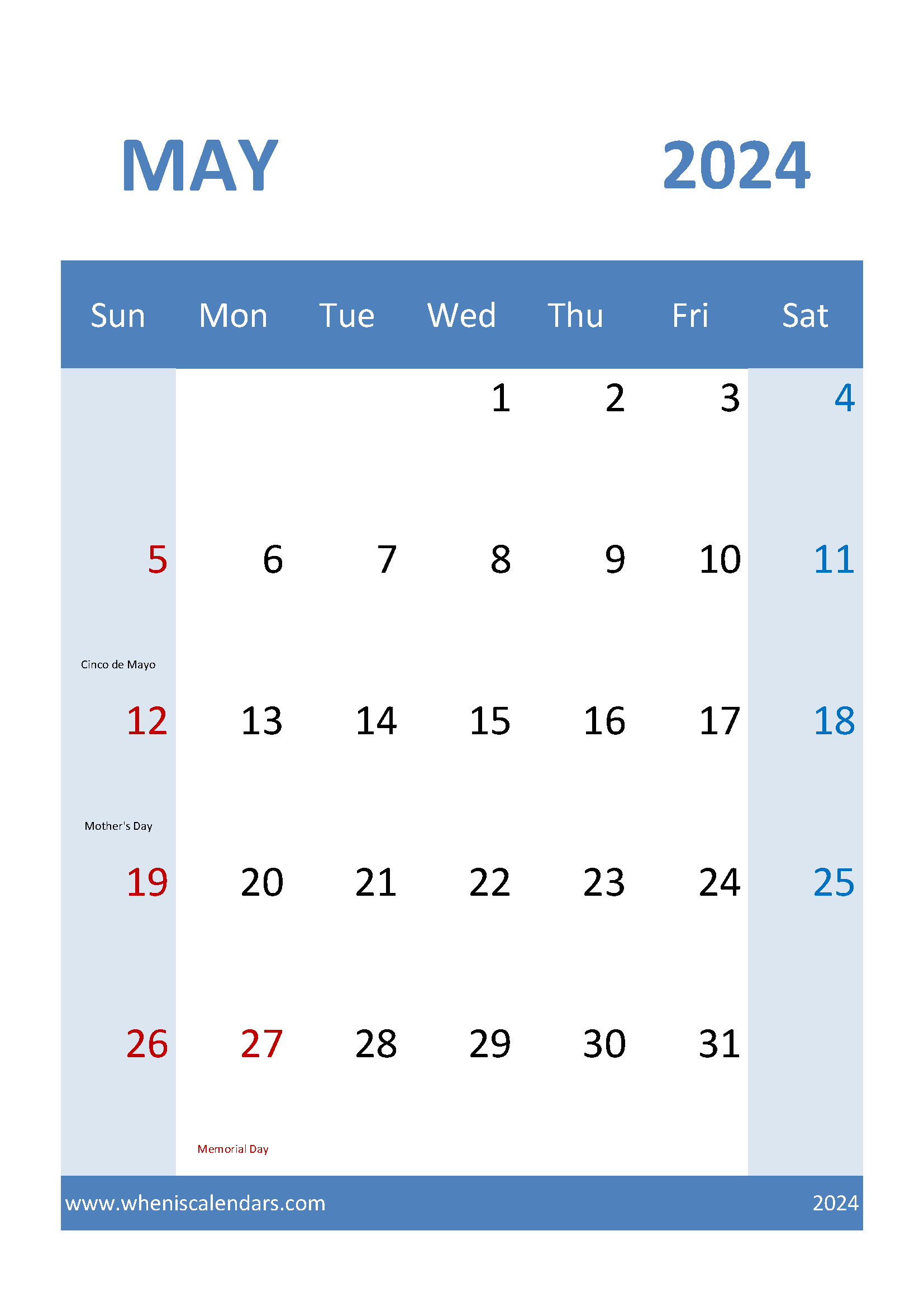 May 2024 Calendar Template excel Monthly Calendar