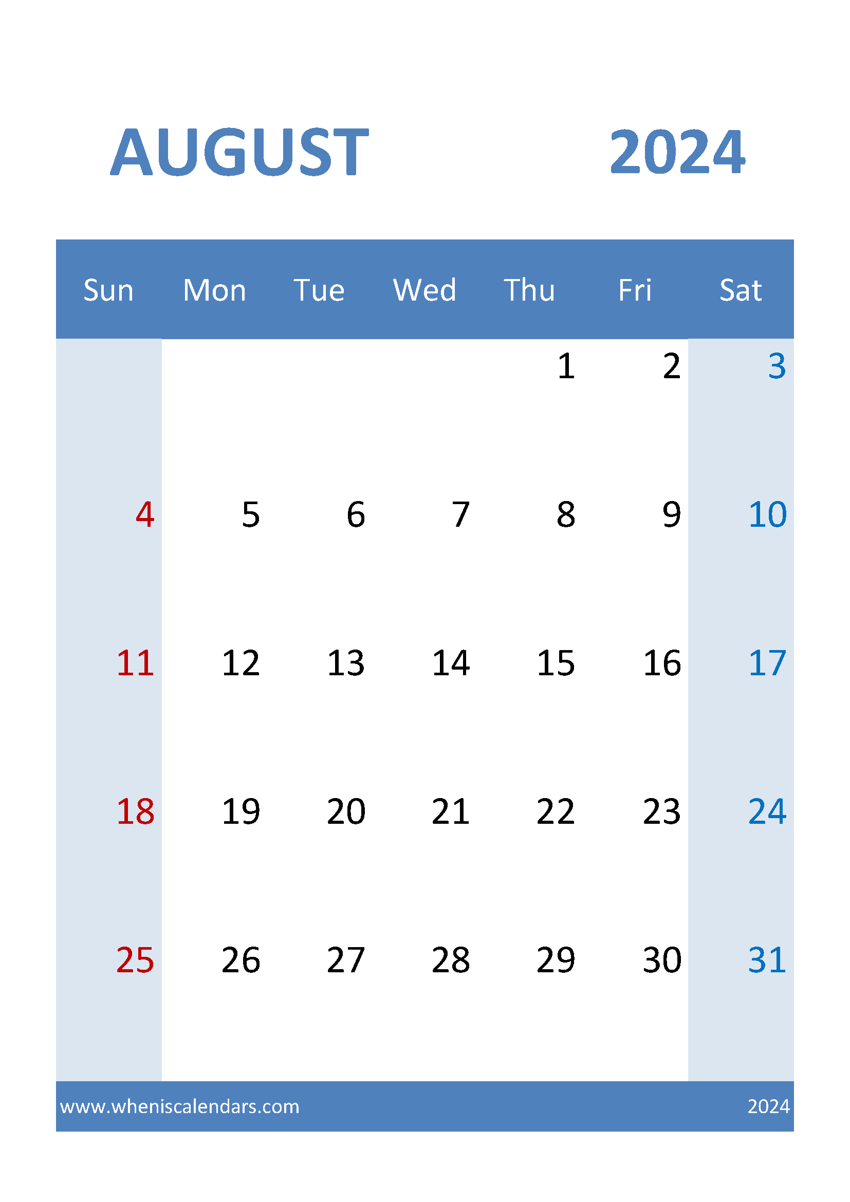 August 2024 Calendar Template excel Monthly Calendar
