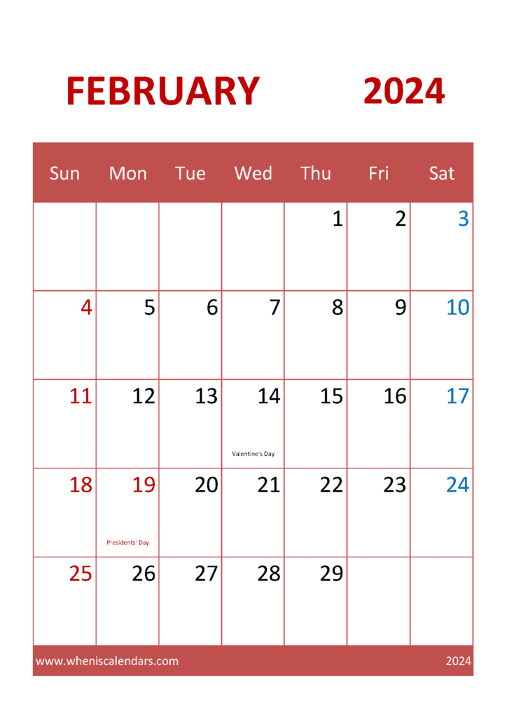 Download Free Blank Calendar February 2024 A4 Vertical F4321