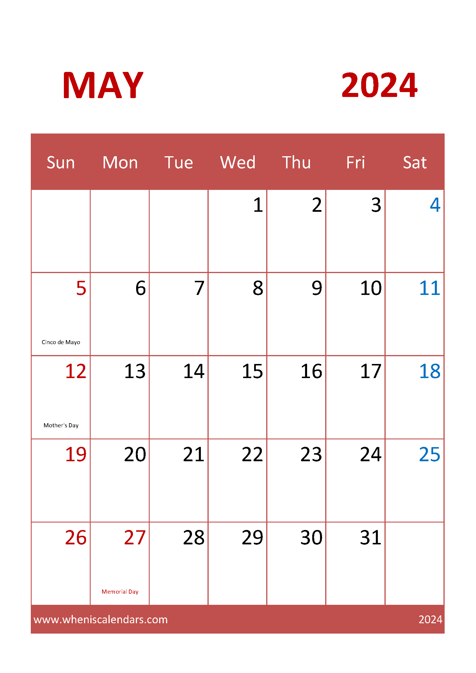 Free Blank Calendar May 2024 Monthly Calendar