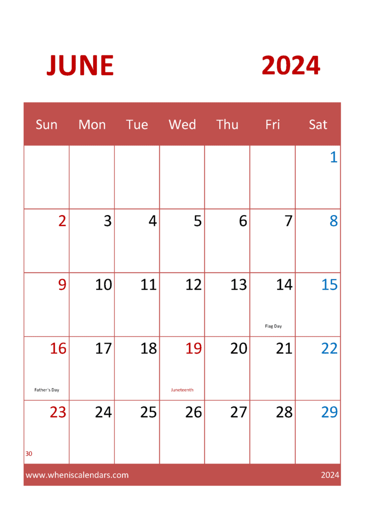 Free Blank Calendar June 2024 J64321