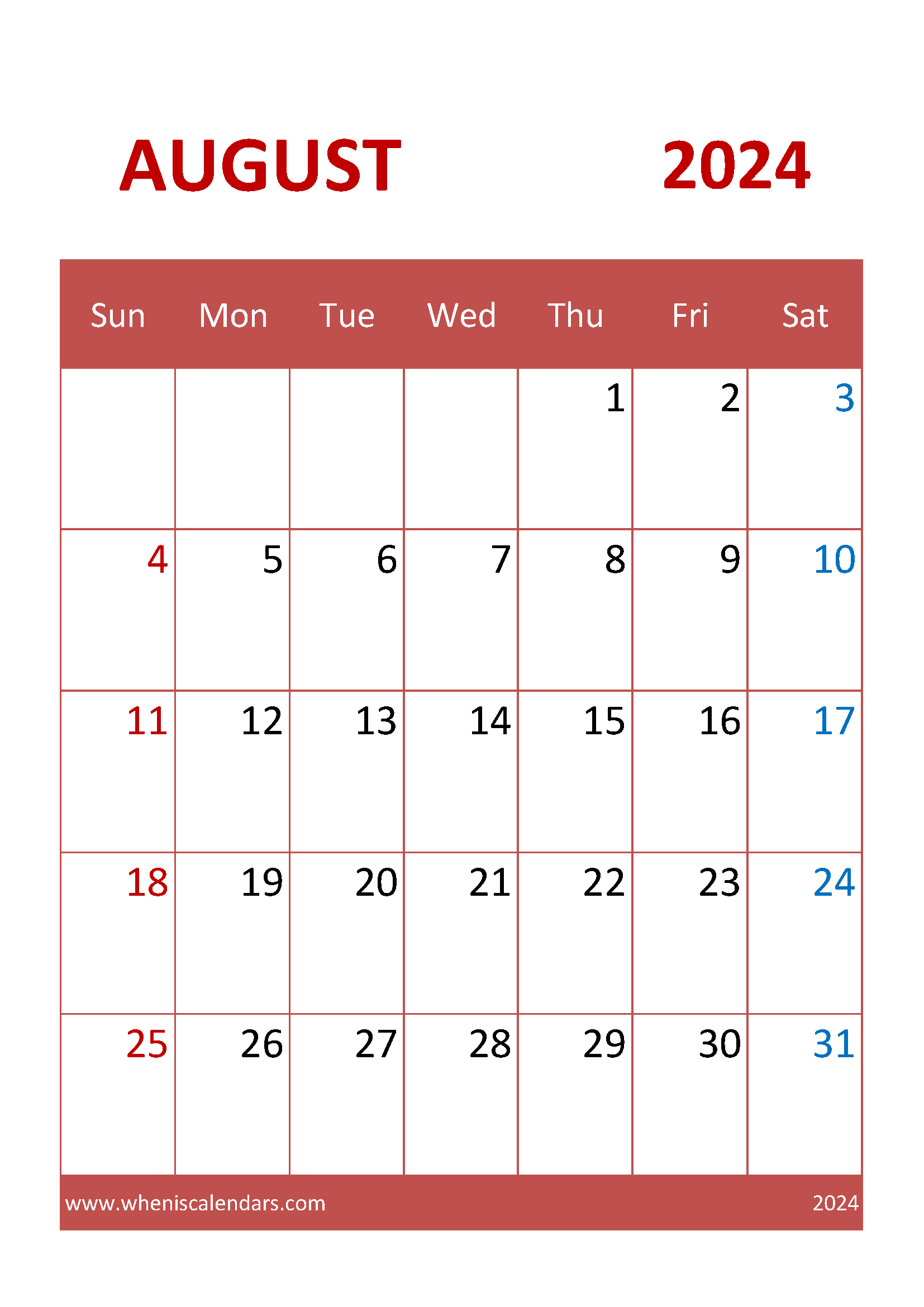 Free Blank Calendar August 2024 Monthly Calendar