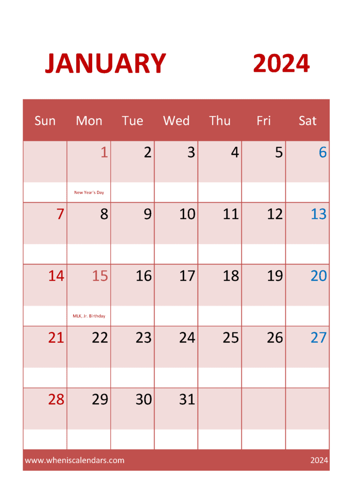 Calendar January 2024 Free Printable Monthly Calendar