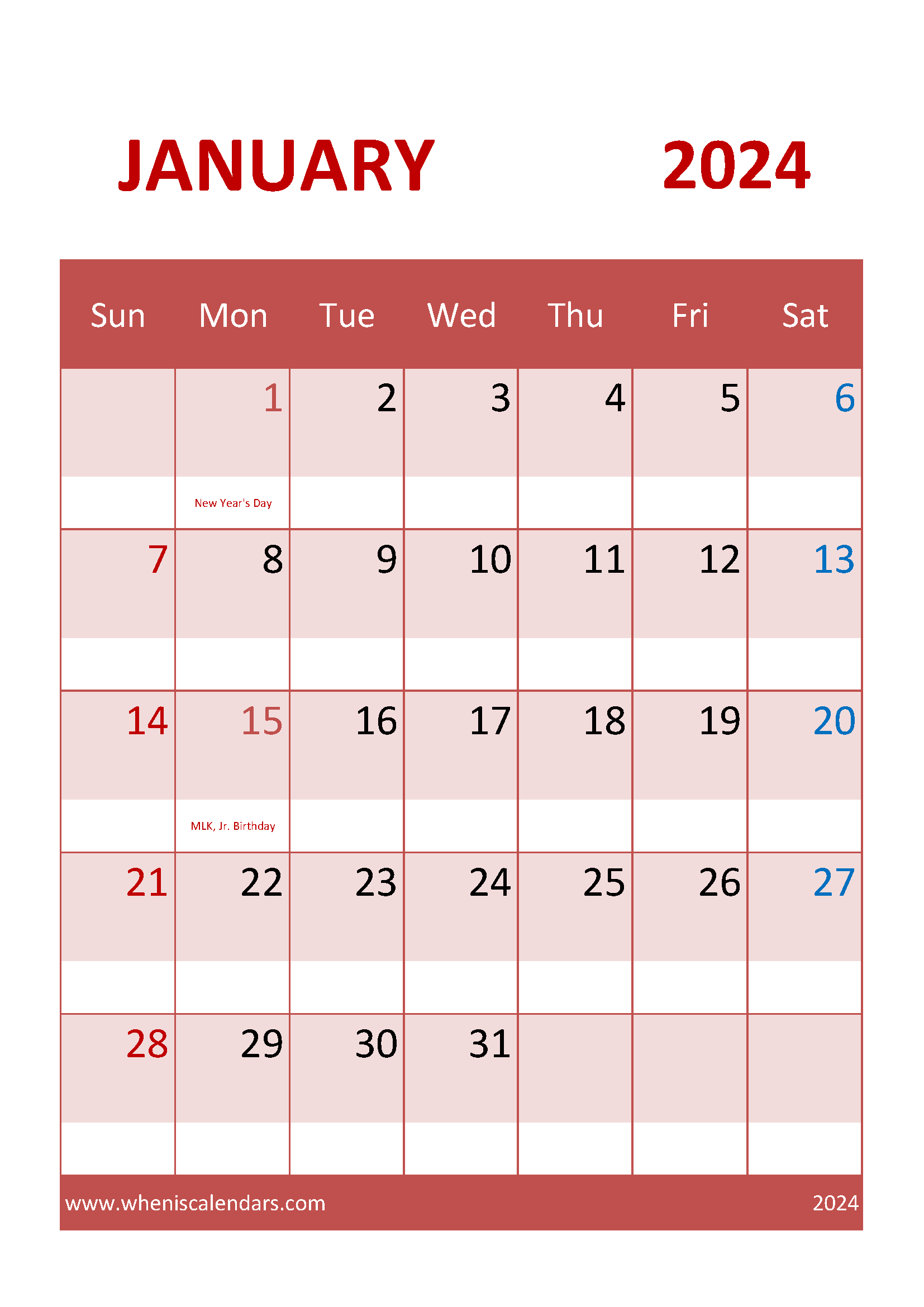 January 2024 Calendar A4 Printable Monthly Calendar