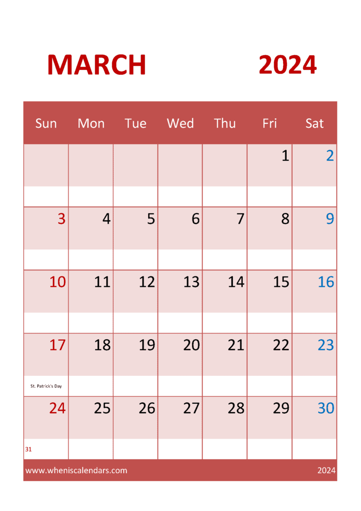 Download March 2024 Calendar A4 Printable A4 Vertical M34322