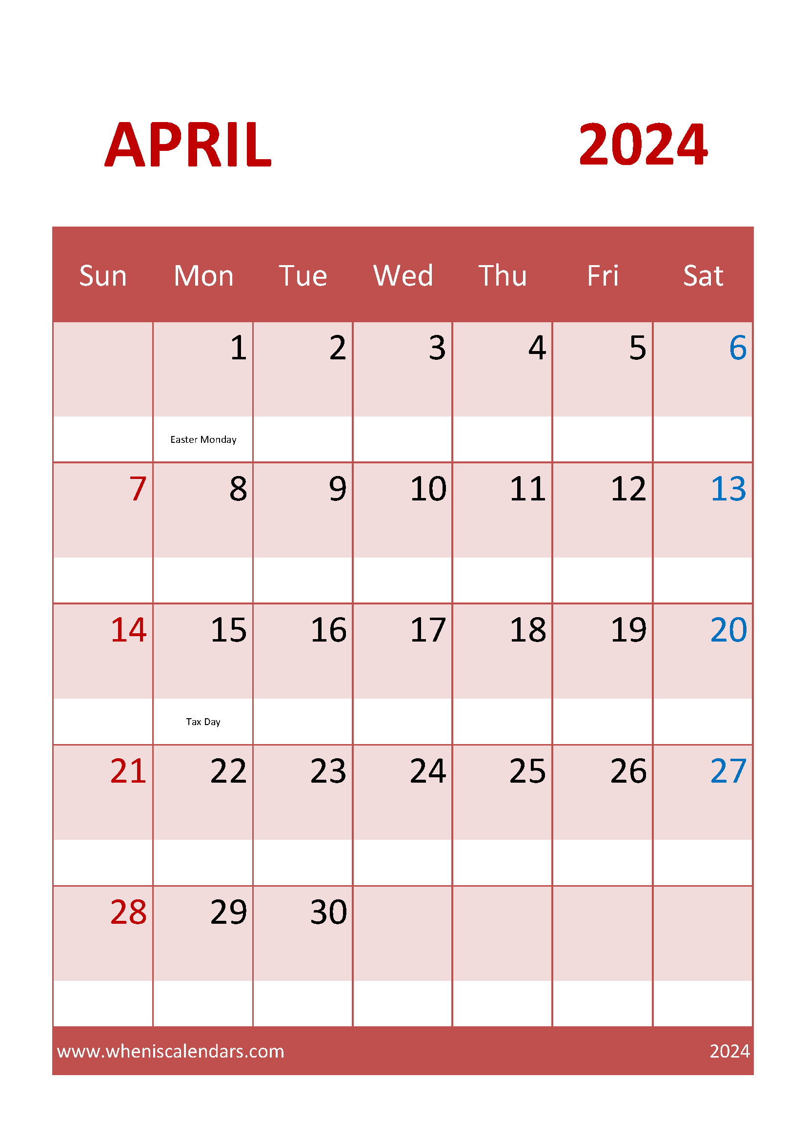 April 2024 Calendar A4 Printable Monthly Calendar
