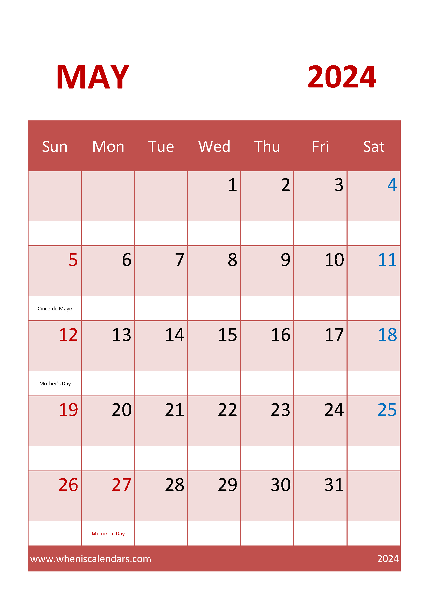 May 2024 Calendar A4 Printable Monthly Calendar