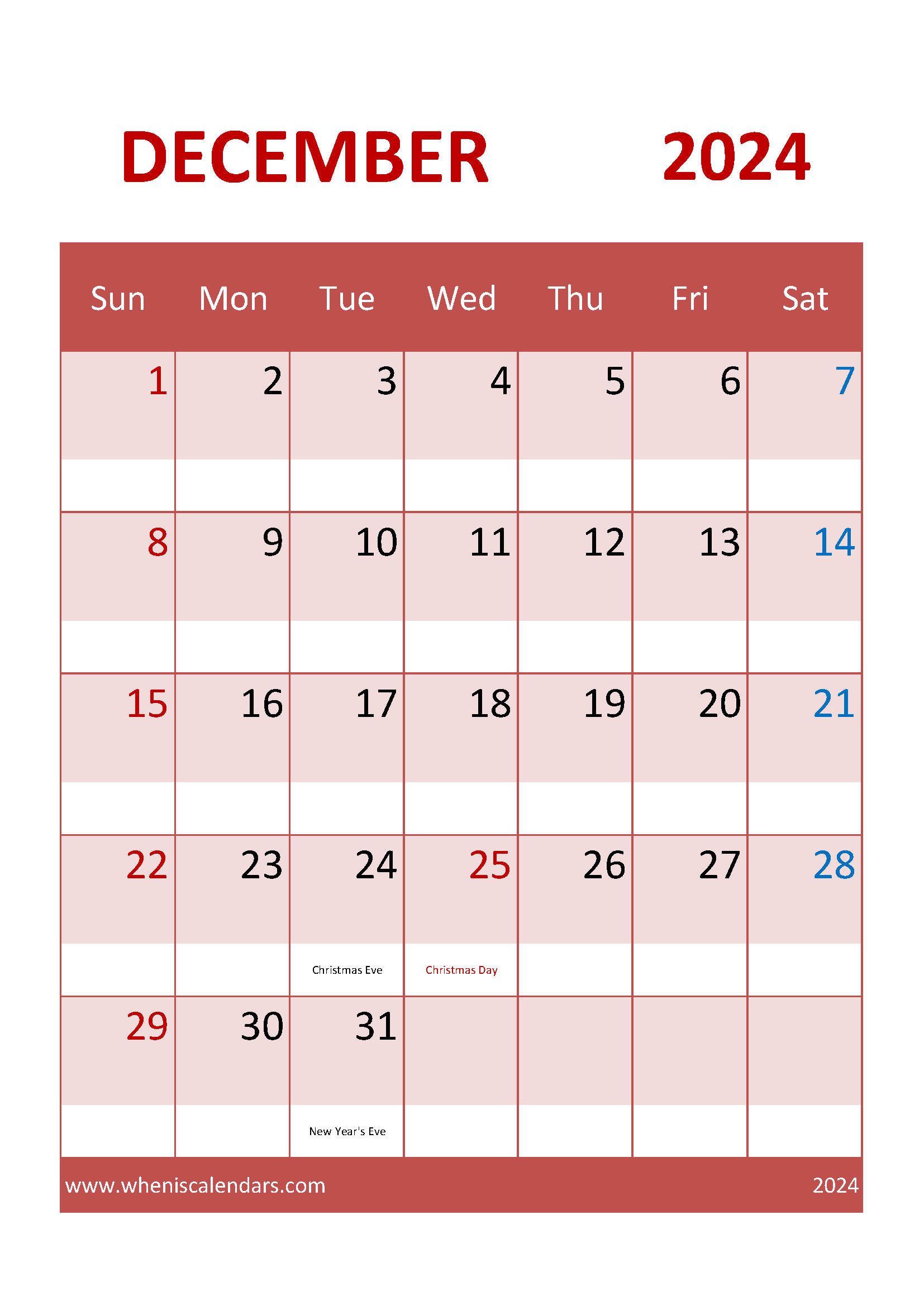 December 2024 Calendar A4 Printable Monthly Calendar
