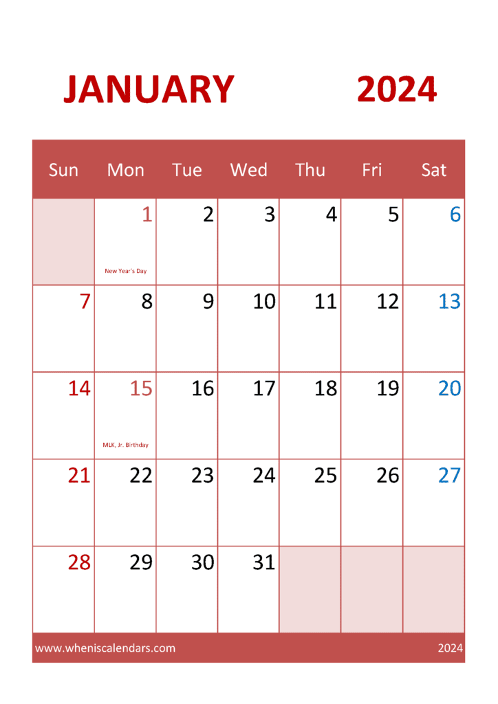 Download January 2024 Printable Calendar cute A4 Vertical J4323