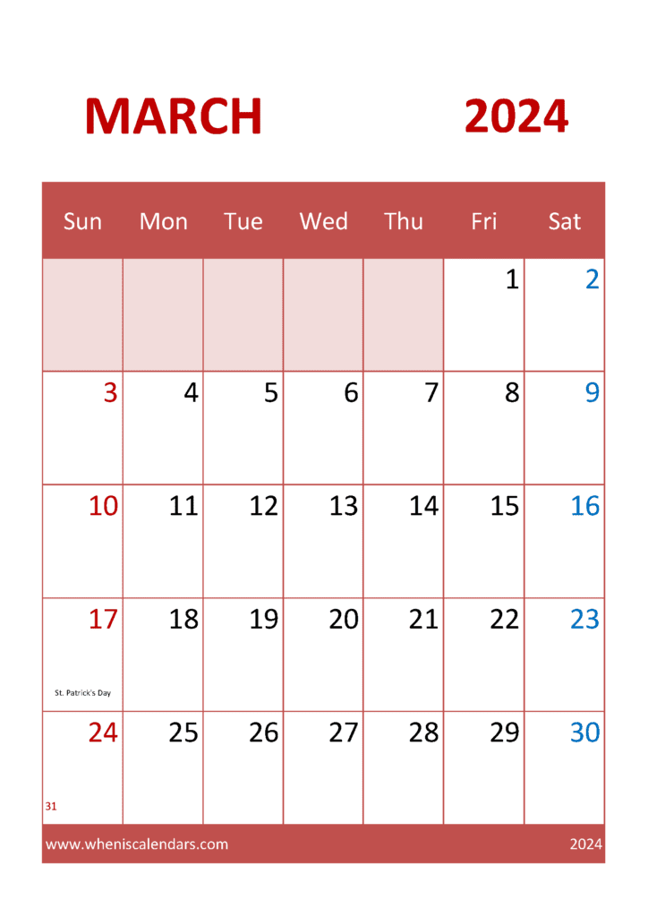 Download March 2024 Printable Calendar cute A4 Vertical M34323