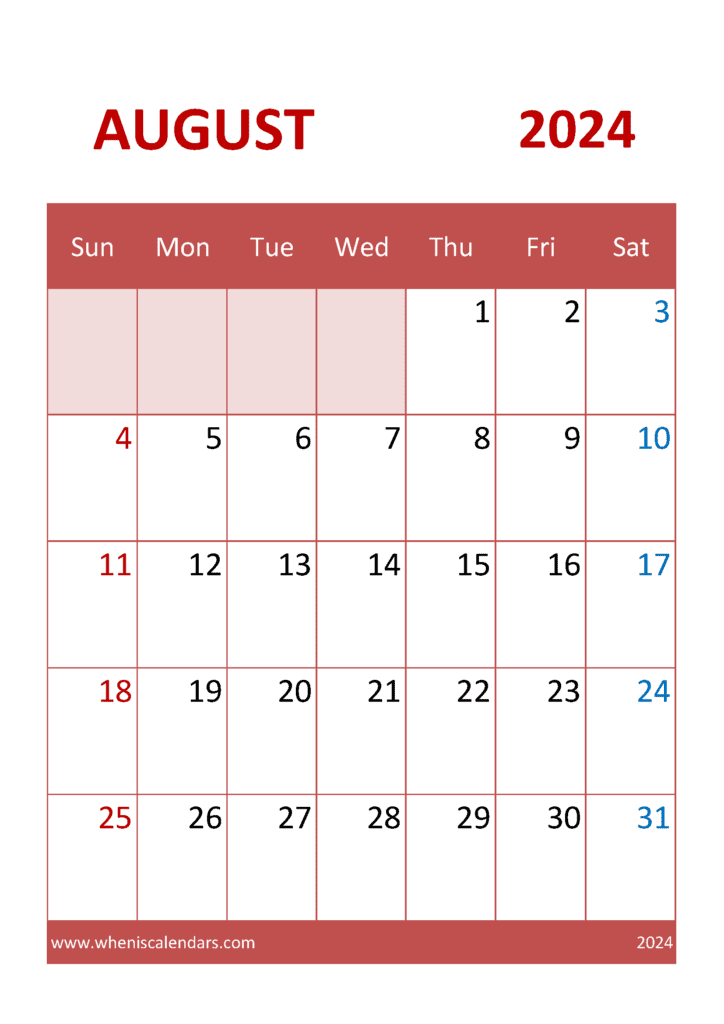 Free Calendar August 2024 Monthly Calendar