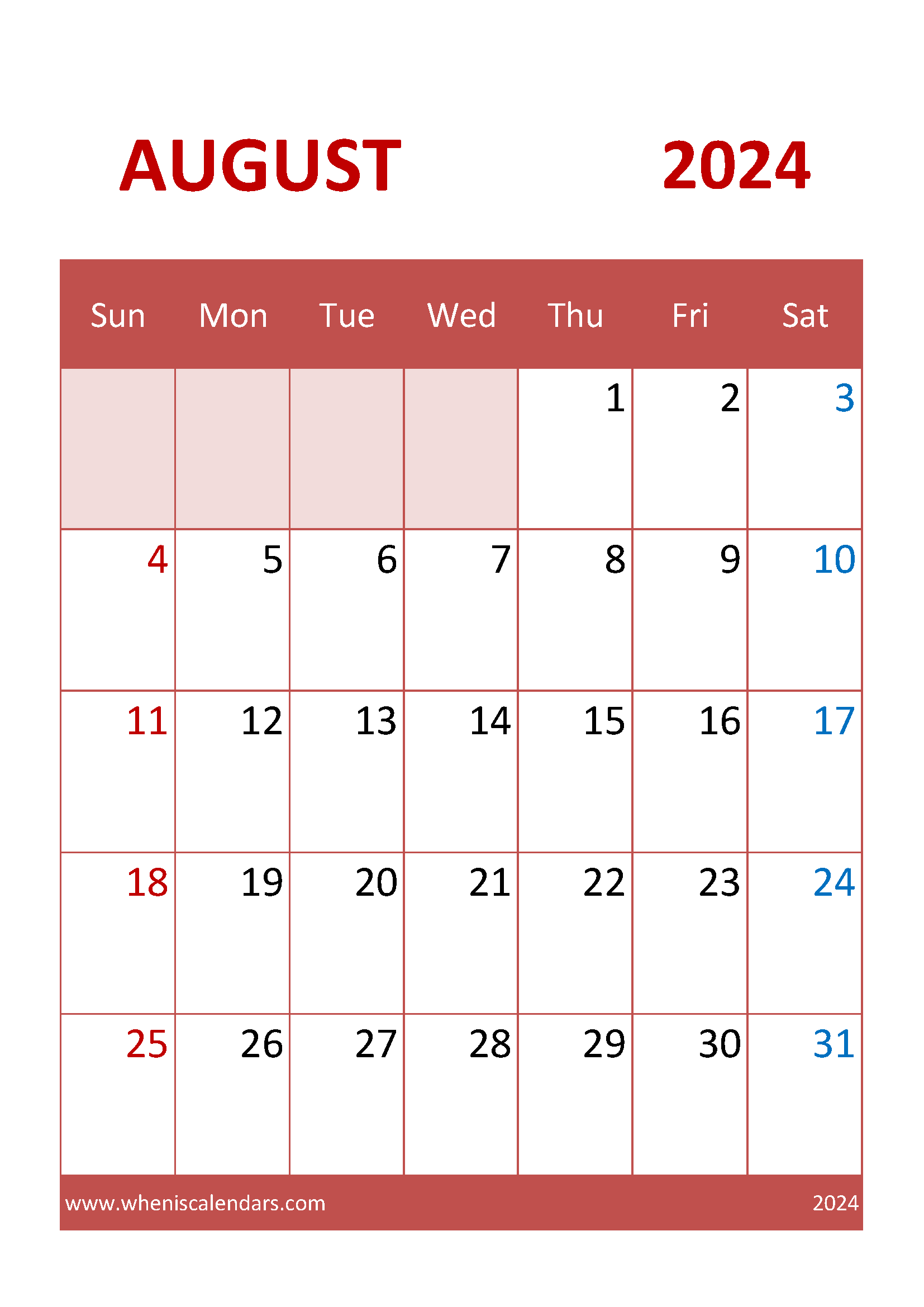 August 2024 Printable Calendar cute Monthly Calendar