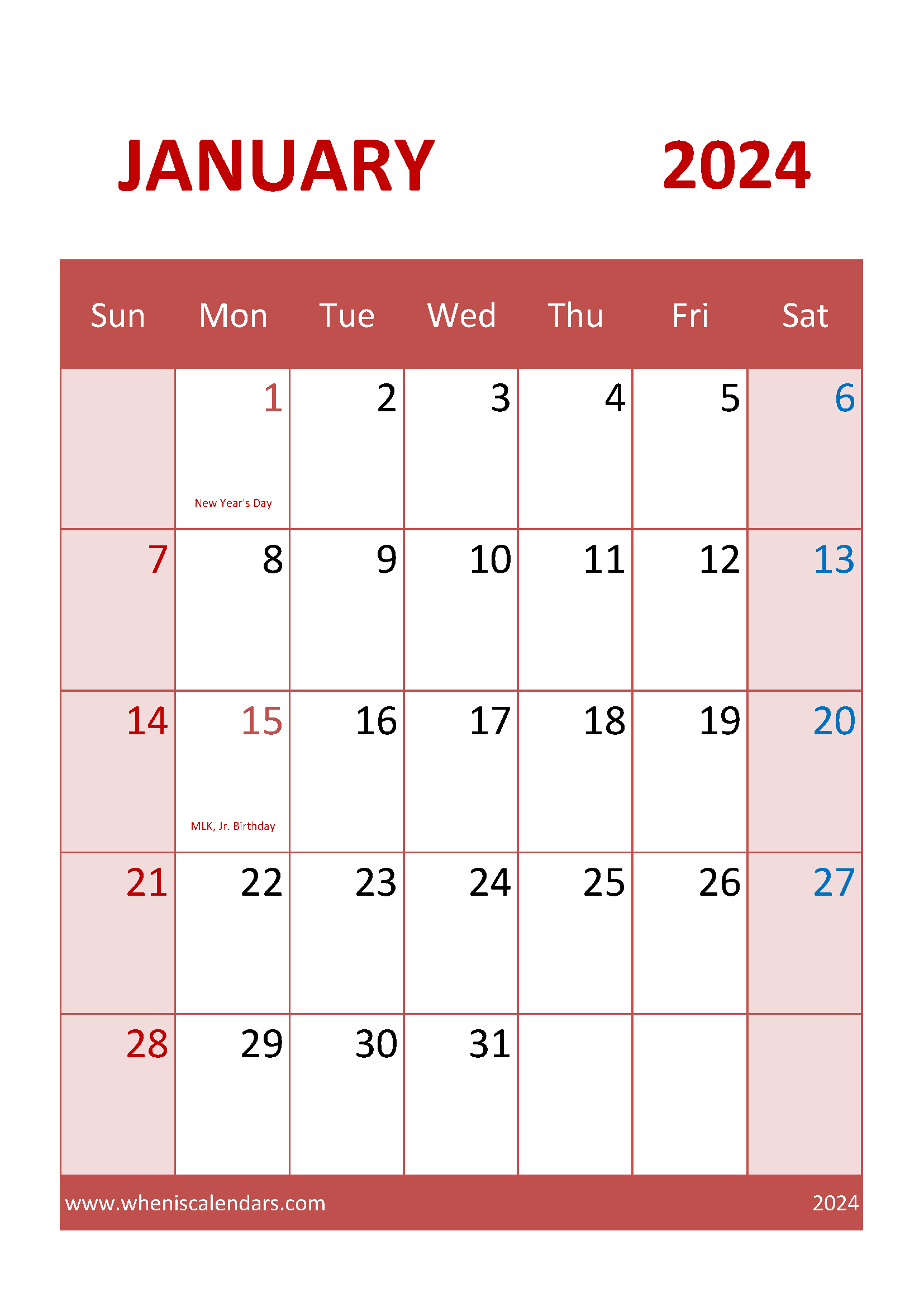 January 2024 planner pdf Monthly Calendar