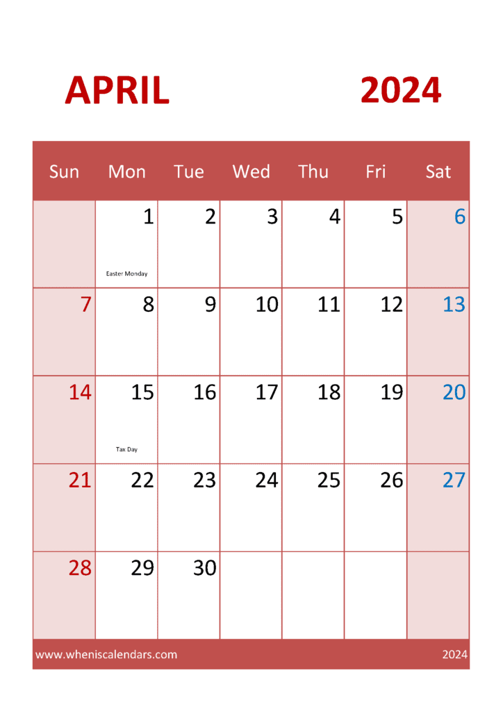 April 2024 editable Calendar A44044