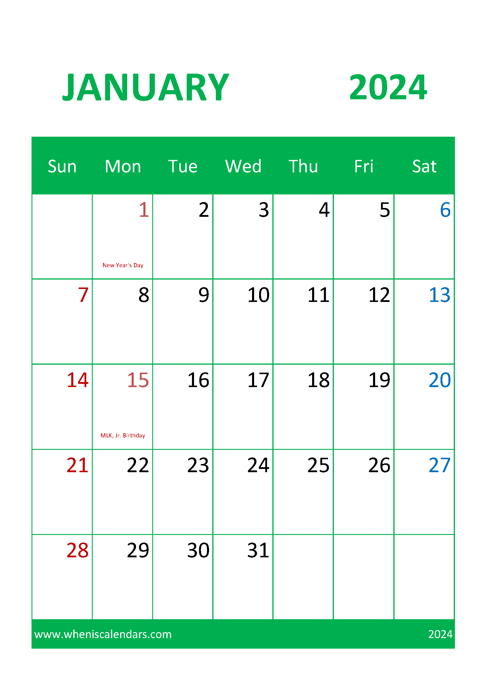 Blank January 2024 Calendar page Monthly Calendar